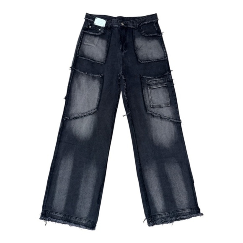 Yuefas Studios Black w 33” Deconstructed Jeans Wide Leg Indie Sleaze Y2K Grunge - Picture 2 of 9